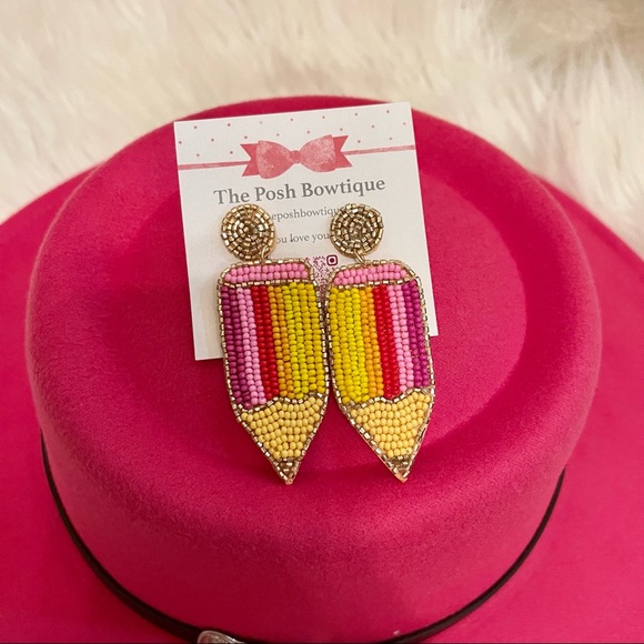 Pencil Bright Yellow & Pink Seed Beaded Teacher Statement Earrings - Picture 3 of 8